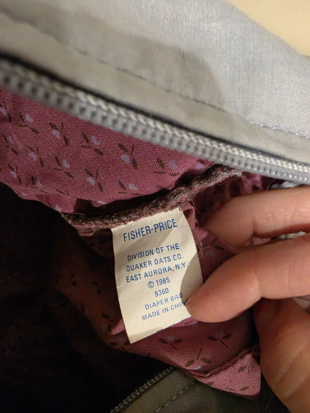 VTG 1985 Fisher Price Quilted Diaper Bag Set Slate Gray Burgundy Heart